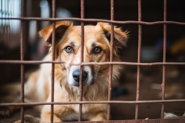 Stray homeless dog in animal shelter cage with a sad abandoned hungry dog behind old rusty grid of the cage in shelter for homeless animals