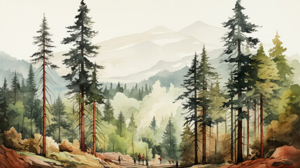 Illustration of sequoia tree forest background - obrazy, fototapety, plakaty