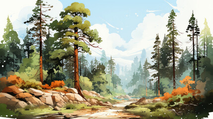 Illustration of sequoia tree forest background