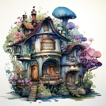 watercolor Fairy House clipart, Generative Ai