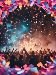 Fototapeta na wymiar New Years Eve celebration. Confetti tossed into air. Crowd celebration. Fireworks and smoke.
