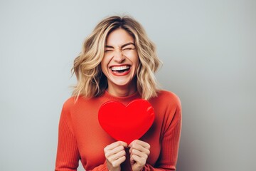 Portrait of a happy woman with red heart.Valentine's Day Concept