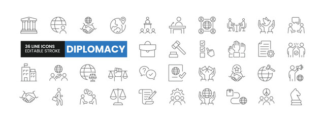 Set of 36 Diplomacy line icons set. Diplomacy outline icons with editable stroke collection. Includes Law, Peace, Trade Relations, Government, Summit and More. - obrazy, fototapety, plakaty