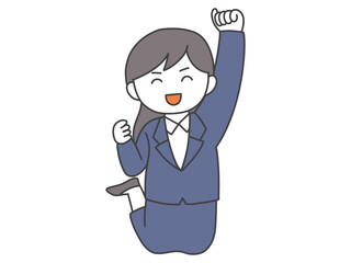 笑顔でジャンプするスーツ姿の若い女性