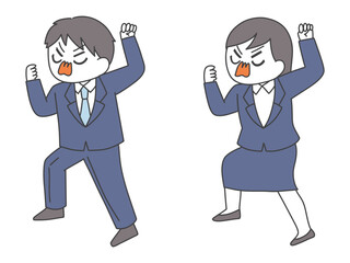 全身で怒りを表現するスーツの男女の全身イラスト