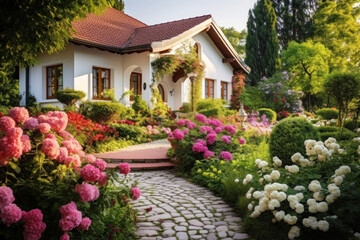 Fototapeta na wymiar Beautiful villa with flowering plants in the garden and stone path to the house