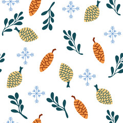 Floral Christmas seamless pattern, green fir branches, and pine cones. Hand drawn elegant fabric design. Winter New year texture for print, wrapping paper, design, fabric, decor, gift.