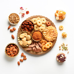 Indian sweets and snack in plate on white background