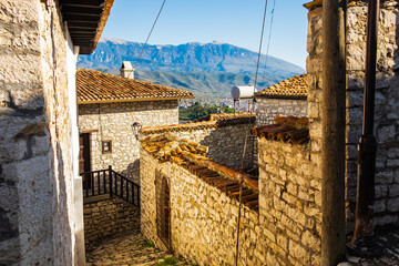 View at old city of Berat - Albania. The old houses in Albania, unesco world heritage. Picturesque...