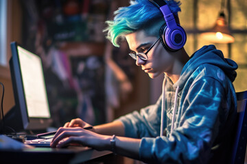 Teenager boy with blue hair studying at home computer - obrazy, fototapety, plakaty