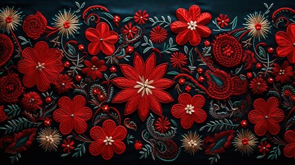 Vibrant embroidery of Christmas floral designs showcasing detailed stitch work