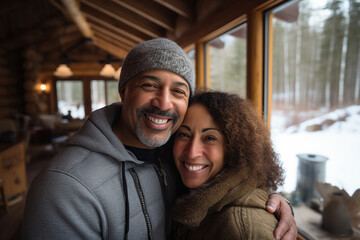 Warm dressed mixed race couple enjoys winter day outside cozy log cabin - obrazy, fototapety, plakaty