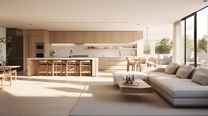 Naklejka na ściany i meble A modern minimalist home interior design with clean lines, sleek furniture, and neutral color palette, featuring an open-concept living space connected to a spacious kitchen, bathed in natural light 