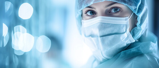 Close-up image of a woman researcher in a protective mask working in a laboratory of a research institute. Creation of innovative medicines and vaccines. Generative ai