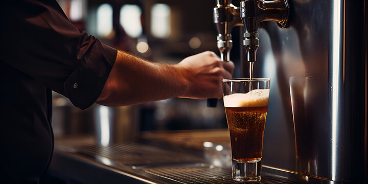 Bartender pouring beer from tap into glass in bar, closeup. Bar Scene: Close-Up Pouring from Beer Tap to Glass