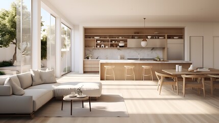 Naklejka na ściany i meble A modern minimalist home interior design with clean lines, sleek furniture, and neutral color palette, featuring an open-concept living space connected to a spacious kitchen, bathed in natural light 