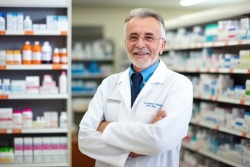 Male Caucasian pharmacist stands in medical robe smiling in pharmacy shop full of medicines. Smiling mature pharmacist with beard in bathrobe over classic suit stands in pharmacy - obrazy, fototapety, plakaty