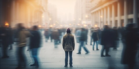 Lonely person stands in the centre of rushing people. Long exposure. Mental health issue concept. Fast living