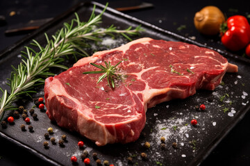 Raw T-bone Steak with fresh herbs on the pan is ready for cooking, A piece of veal,, aesthetic look
