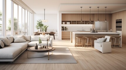 A modern minimalist home interior design with clean lines, sleek furniture, and neutral color palette, featuring an open-concept living space connected to a spacious kitchen, bathed in natural light 