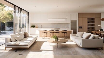 Fototapeta premium A modern minimalist home interior design with clean lines, sleek furniture, and neutral color palette, featuring an open-concept living space connected to a spacious kitchen, bathed in natural light 