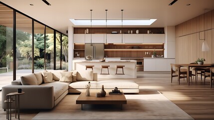 A modern minimalist home interior design with clean lines, sleek furniture, and neutral color palette, featuring an open-concept living space connected to a spacious kitchen, bathed in natural light 