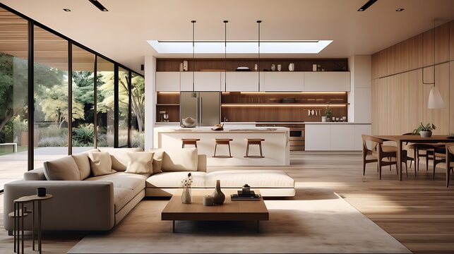 A modern minimalist home interior design with clean lines, sleek furniture, and neutral color palette, featuring an open-concept living space connected to a spacious kitchen, bathed in natural light 