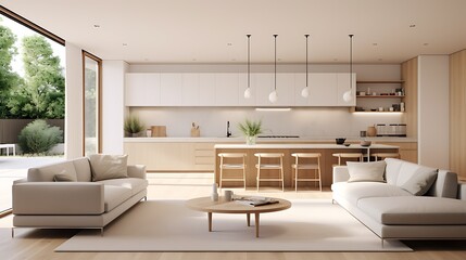 A modern minimalist home interior design with clean lines, sleek furniture, and neutral color palette, featuring an open-concept living space connected to a spacious kitchen, bathed in natural light 