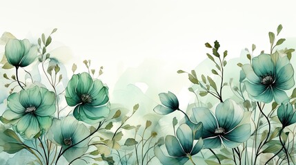 Watercolor floral banner with green flowers and leaves on a white background - obrazy, fototapety, plakaty