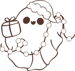 Christmas Ghost Outline, Kawaii cartoon hand drawing