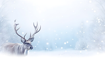 Reindeer With their antlers, a snowy background, snow, snowflake, bokeh light, winter-themed background, web banner design, copy space, AI generative