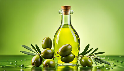  Beautiful natural view of olive bottle surrounded by fresh branch of olives on green background