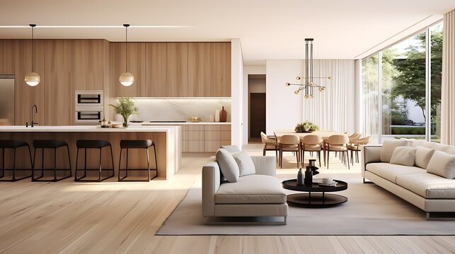A modern minimalist home interior design with clean lines, sleek furniture, and neutral color palette, featuring an open-concept living space connected to a spacious kitchen, bathed in natural light 