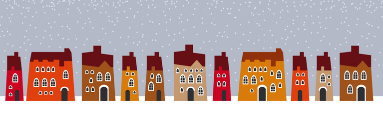 Fototapeta na wymiar Cute Christmas and winter houses. Snowy night in cozy Christmas town city panorama. Winter village night landscape Christmas outdoor decorations.