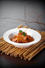 traditional chinese fresh vegetable wok stir fried mixed veggies bamboo shot soya sauce in clay pot on grey vintage background asian cafe hotel luxury halal vegan food restaurant banquet menu