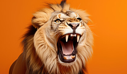 Fototapeta premium Portrait of a Lion showing his teeth. Open mouth. Orange background
