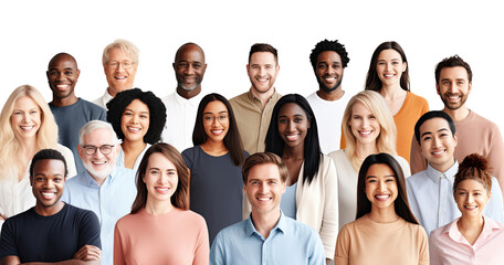 Collection of people of various races and occupations, genders, ages smiling happily on a transparent background