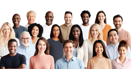 Collection of people of various races and occupations, genders, ages smiling happily on a transparent background