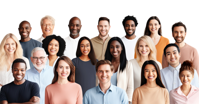 Collection of people of various races and occupations, genders, ages smiling happily on a transparent background