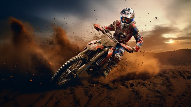 Free photo motocross rider racing in a large cloud of dust and debris