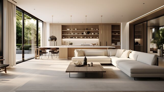 A modern minimalist home interior design with clean lines, sleek furniture, and neutral color palette, featuring an open-concept living space connected to a spacious kitchen, bathed in natural light 