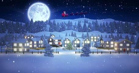 Animation of snow falling over christmas santa claus in sleigh with reindeer in winter scenery - Powered by Adobe