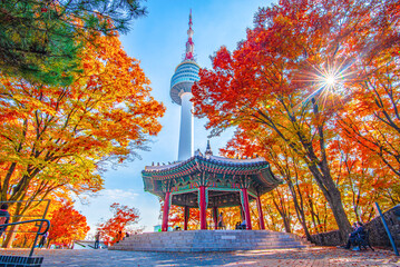 
Namsan Tower and pavilion during the autumn leaves in Seoul, South Korea. - obrazy, fototapety, plakaty