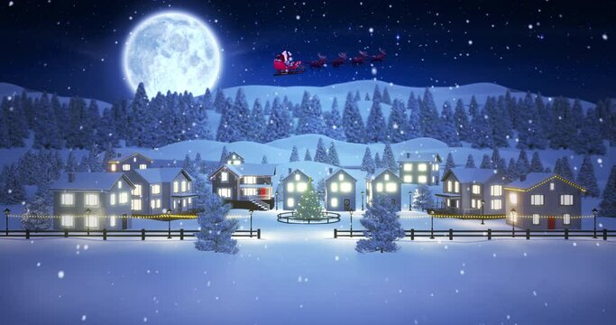 Animation of snow falling over christmas santa claus in sleigh with reindeer in winter scenery