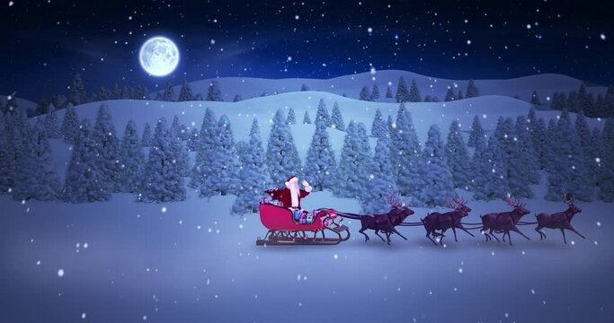 Animation of snow falling over christmas santa claus in sleigh with reindeer in winter scenery