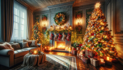  A cozy living room decorated for Christmas, featuring a sparkling Christmas tree adorned with lights and ornaments, a fireplace with glowing embers