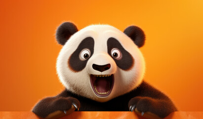 Portrait of a Panda showing his teeth. Open mouth. Orange background.