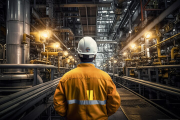 rear view of a Engineer working on oil-refinery equipment, inside oil and gas refinery
