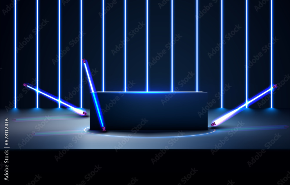 Aufkleber sci-fi dark blue abstract room with illuminate horizontal neon lamp. an empty podium on an empty blu