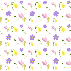 Flower seamless pattern green yellow pink violet purple color style vector image white background wallpaper